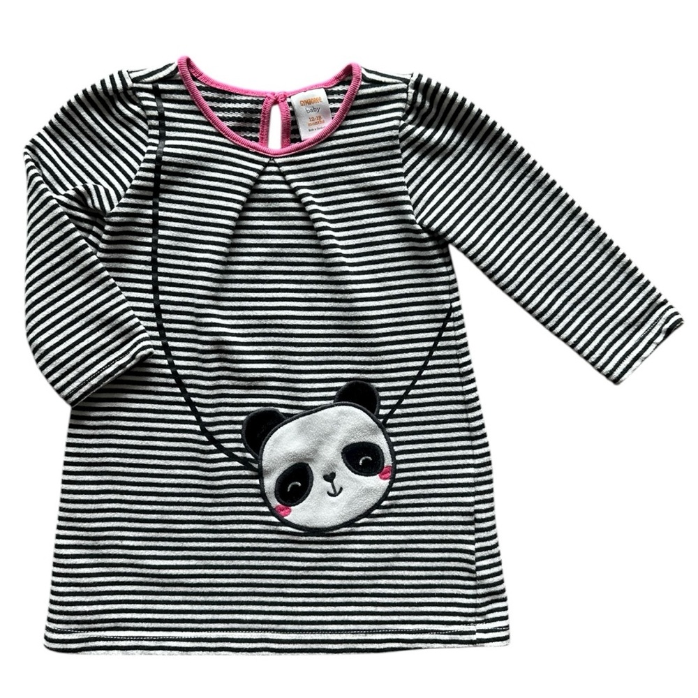 Gymboree Panda Black and White Striped Dress with Pink Trim Size 12-18 months